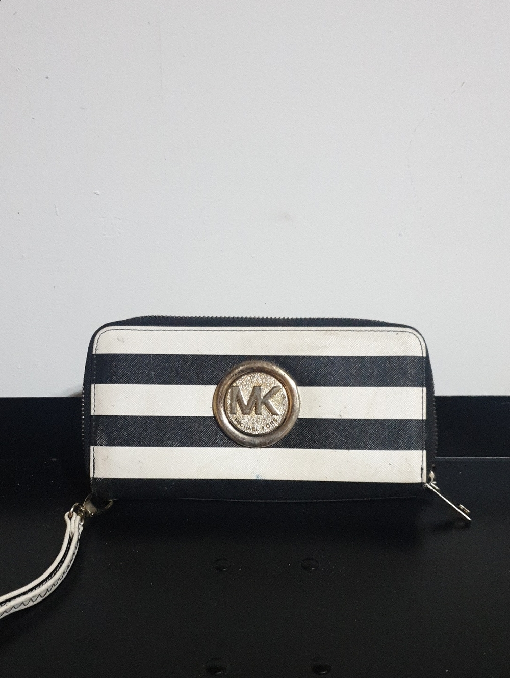 Michael Kors Black and White Striped Zip-Around Wristlet Wallet
